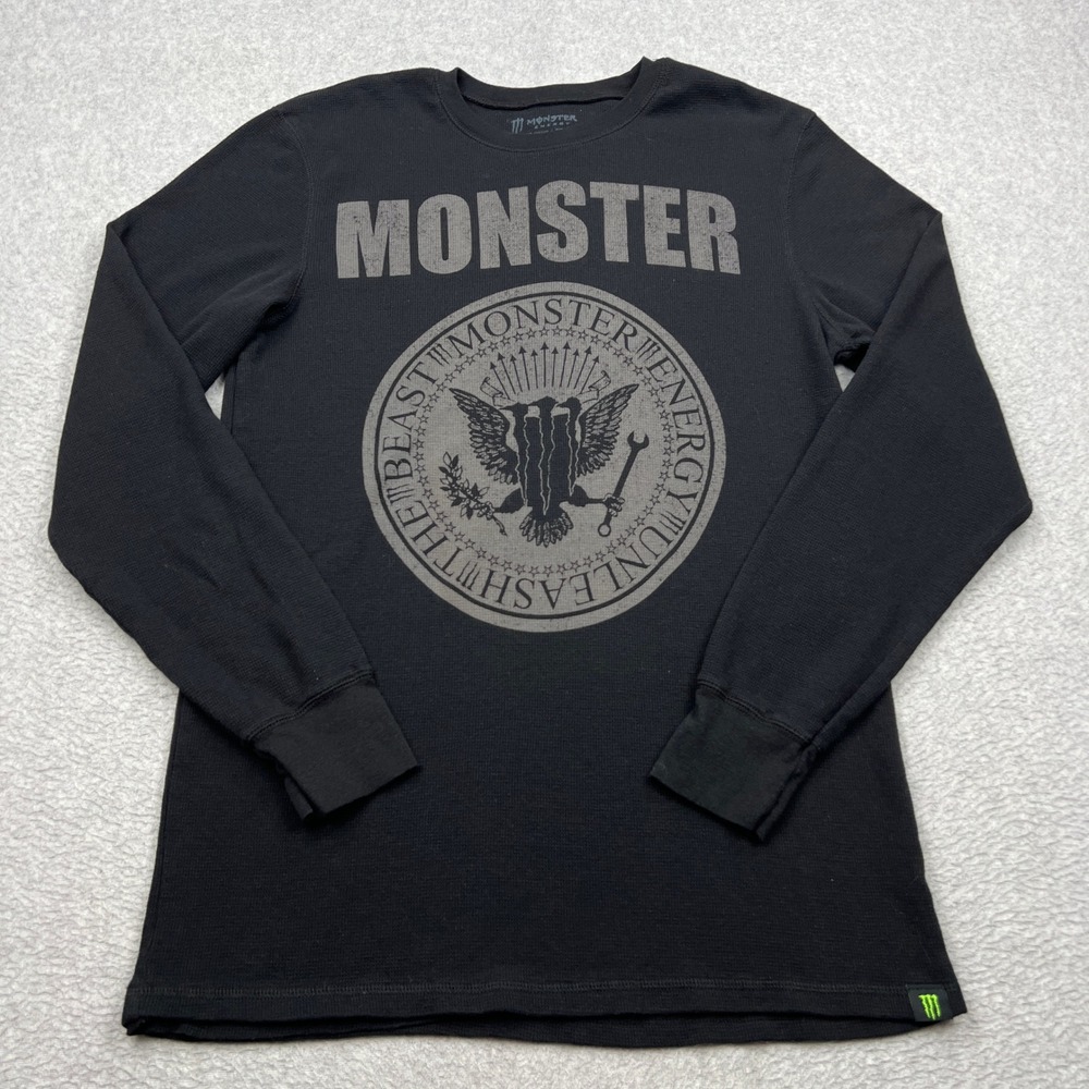 Monster Energy Thermal Shirt Mens XL Black Beast Graphic Long Sleeve Waffle Knit